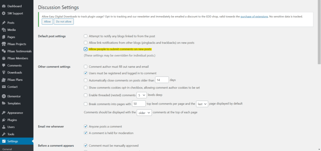 Turn off or on comments across your WordPress comments