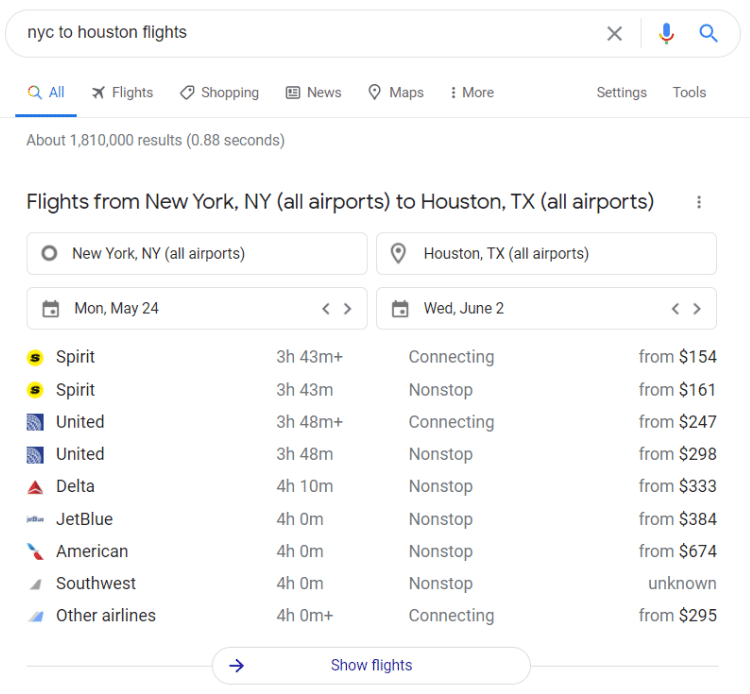 Google Featured Snippet Example for Flight Travel Industry Screenshot