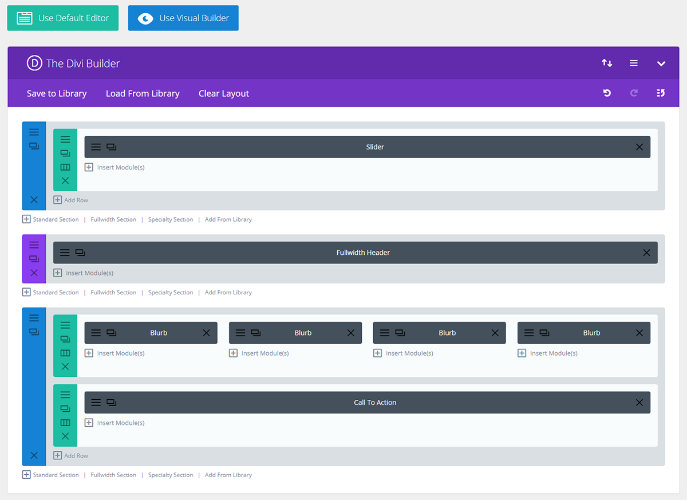 Backend editor interface of the Divi Page Builder for WordPress